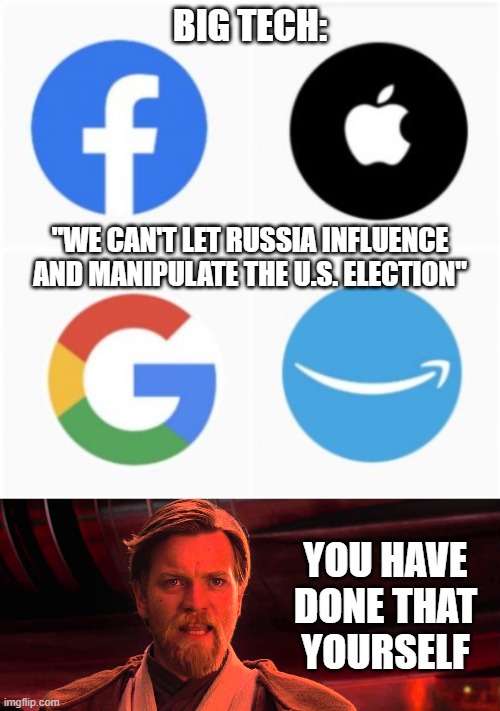 you have done that yourself | BIG TECH:; "WE CAN'T LET RUSSIA INFLUENCE AND MANIPULATE THE U.S. ELECTION"; YOU HAVE DONE THAT YOURSELF | image tagged in you have done that yourself | made w/ Imgflip meme maker