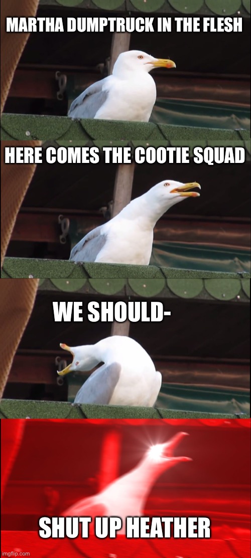 Inhaling Seagull | MARTHA DUMPTRUCK IN THE FLESH; HERE COMES THE COOTIE SQUAD; WE SHOULD-; SHUT UP HEATHER | image tagged in memes,heathers | made w/ Imgflip meme maker