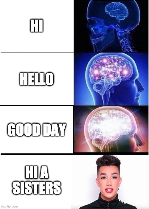 the four stages of hello | HI; HELLO; GOOD DAY; HI A SISTERS | image tagged in memes,expanding brain | made w/ Imgflip meme maker