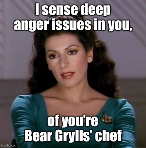 Counselor Deanna Troi | I sense deep anger issues in you, of you’re Bear Grylls’ chef | image tagged in counselor deanna troi | made w/ Imgflip meme maker