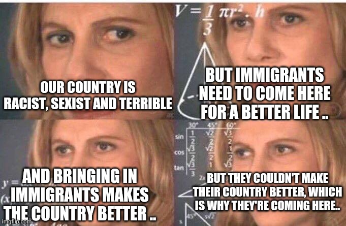 Liberals on American immigration be like: | BUT IMMIGRANTS NEED TO COME HERE FOR A BETTER LIFE .. OUR COUNTRY IS RACIST, SEXIST AND TERRIBLE; BUT THEY COULDN'T MAKE THEIR COUNTRY BETTER, WHICH IS WHY THEY'RE COMING HERE.. AND BRINGING IN IMMIGRANTS MAKES THE COUNTRY BETTER .. | image tagged in math lady/confused lady | made w/ Imgflip meme maker