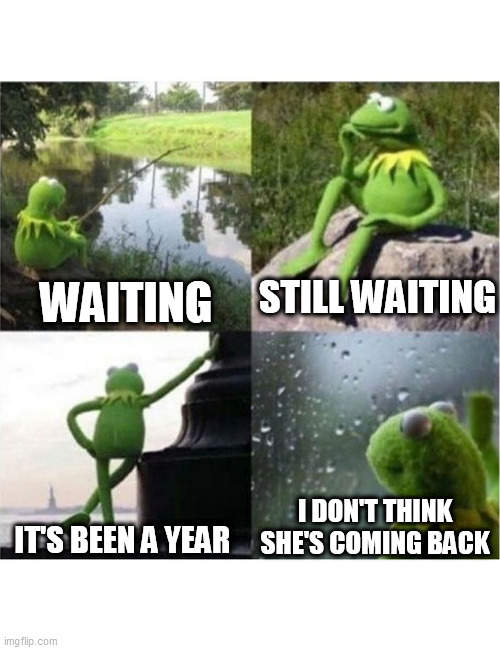 still waiting | WAITING; STILL WAITING; I DON'T THINK SHE'S COMING BACK; IT'S BEEN A YEAR | image tagged in blank kermit waiting | made w/ Imgflip meme maker