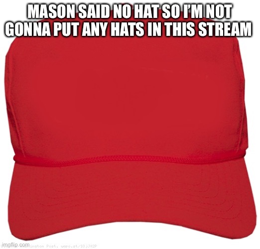 Mason Narcissistic | MASON SAID NO HAT SO I’M NOT GONNA PUT ANY HATS IN THIS STREAM | image tagged in blank red maga hat | made w/ Imgflip meme maker