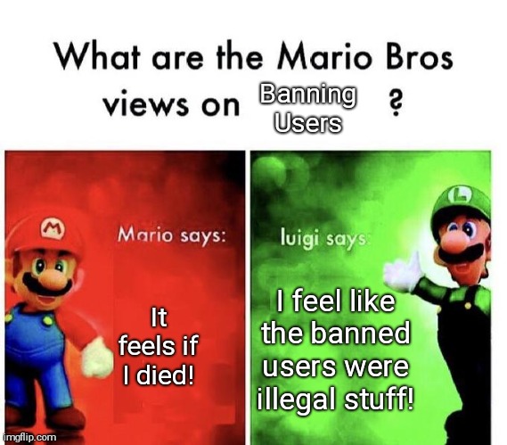 Mario Bros Views | Banning Users; It feels if I died! I feel like the banned users were illegal stuff! | image tagged in mario bros views | made w/ Imgflip meme maker