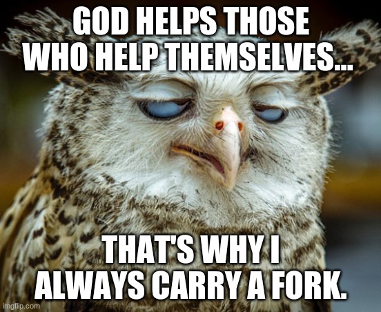 Twisted Proverbs No. 5 |  GOD HELPS THOSE WHO HELP THEMSELVES... THAT'S WHY I ALWAYS CARRY A FORK. | image tagged in twisted proverbs | made w/ Imgflip meme maker