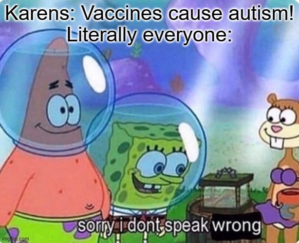 Sorry I don't speak wrong | Karens: Vaccines cause autism!
Literally everyone: | image tagged in sorry i don't speak wrong | made w/ Imgflip meme maker
