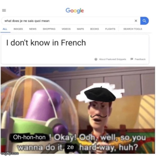 So you want to do it the hard way | image tagged in woody,french,google | made w/ Imgflip meme maker