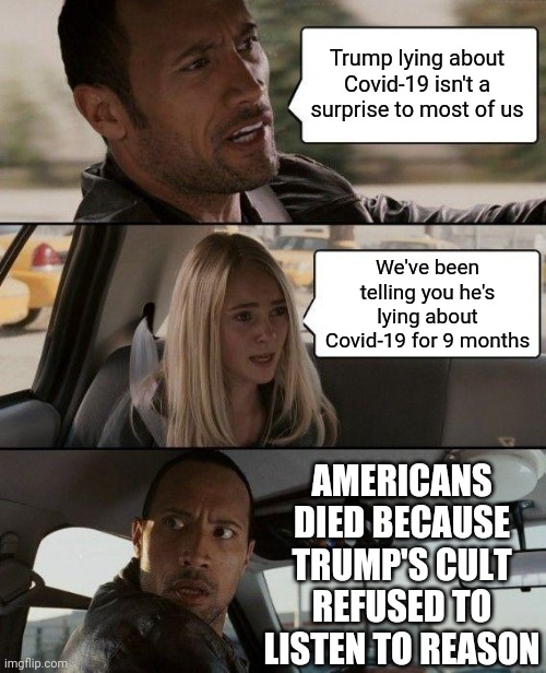 Trump Is Useless | Trump lying about Covid-19 isn't a surprise to most of us; We've been telling you he's lying about Covid-19 for 9 months; AMERICANS DIED BECAUSE TRUMP'S CULT REFUSED TO LISTEN TO REASON | image tagged in memes,the rock driving,trump unfit unqualified dangerous,liar in chief,lock him up,trump for prison 2021 | made w/ Imgflip meme maker