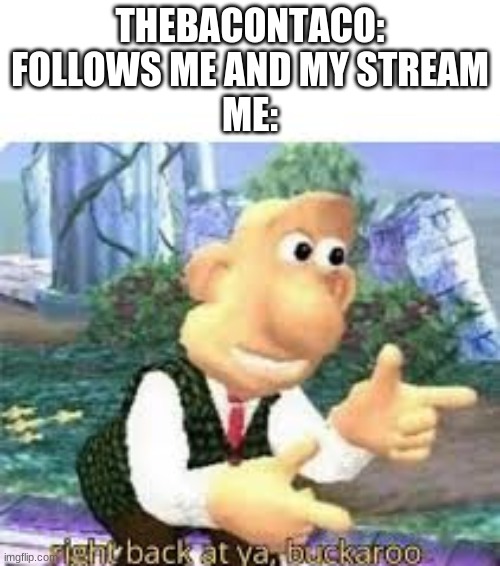 can I be mod | THEBACONTACO: FOLLOWS ME AND MY STREAM
ME: | image tagged in right back at ya buckaroo,thebacontaco | made w/ Imgflip meme maker