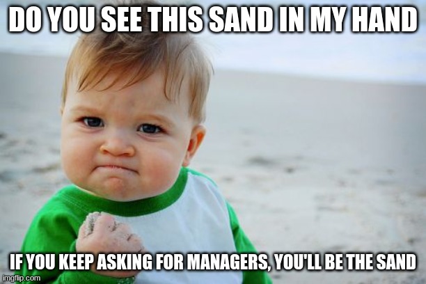 what we want to do to karens | DO YOU SEE THIS SAND IN MY HAND; IF YOU KEEP ASKING FOR MANAGERS, YOU'LL BE THE SAND | image tagged in memes,success kid original | made w/ Imgflip meme maker
