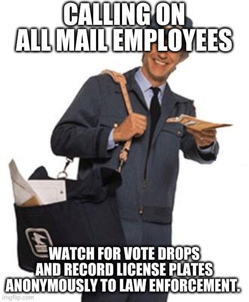 watch for the cheat and turn them in! | CALLING ON ALL MAIL EMPLOYEES; WATCH FOR VOTE DROPS AND RECORD LICENSE PLATES ANONYMOUSLY TO LAW ENFORCEMENT. | image tagged in mailman | made w/ Imgflip meme maker