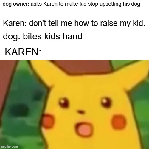 Surprised Pikachu | dog owner: asks Karen to make kid stop upsetting his dog; Karen: don't tell me how to raise my kid. dog: bites kids hand; KAREN: | image tagged in memes,surprised pikachu | made w/ Imgflip meme maker
