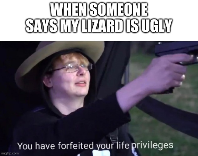 you have forfeited life privileges |  WHEN SOMEONE SAYS MY LIZARD IS UGLY | image tagged in you have forfeited life privileges | made w/ Imgflip meme maker