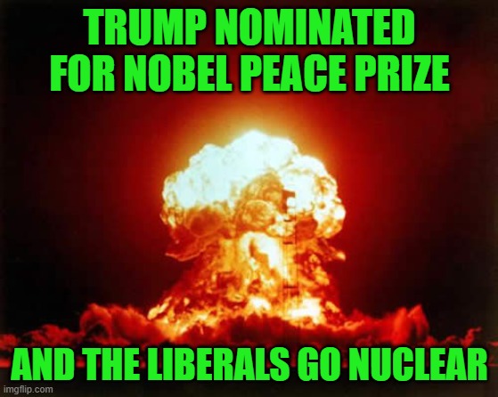 This President earned it, unlike his predecessor. | TRUMP NOMINATED FOR NOBEL PEACE PRIZE; AND THE LIBERALS GO NUCLEAR | image tagged in memes,nuclear explosion,trump,nobel prize,obama | made w/ Imgflip meme maker