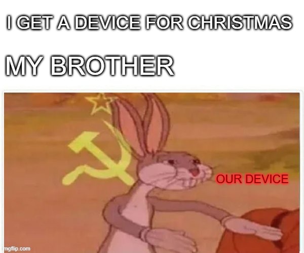 communist bugs bunny | I GET A DEVICE FOR CHRISTMAS; MY BROTHER; OUR DEVICE | image tagged in communist bugs bunny | made w/ Imgflip meme maker