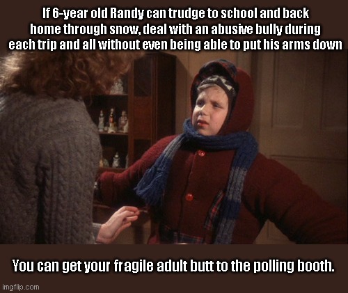 As Jean Shepherd's mom would probably have told you: just do it | If 6-year old Randy can trudge to school and back home through snow, deal with an abusive bully during each trip and all without even being able to put his arms down; You can get your fragile adult butt to the polling booth. | image tagged in randy a christmas story,vote,election 2020,mail in ballots nope,snowflakes,political humor | made w/ Imgflip meme maker