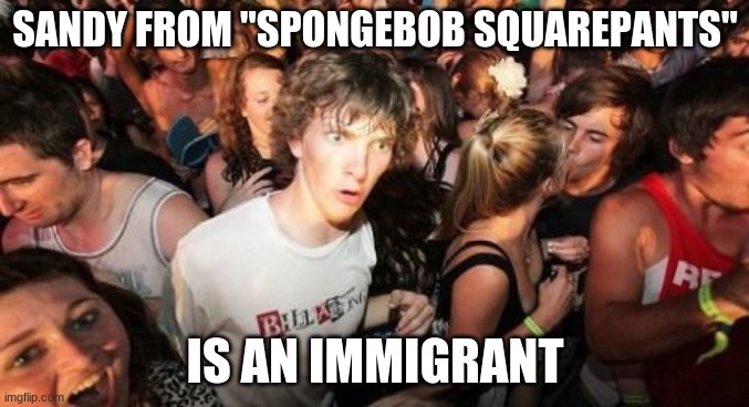 Because she's a land mammal who moved to the sea. | SANDY FROM "SPONGEBOB SQUAREPANTS"; IS AN IMMIGRANT | image tagged in memes,sudden clarity clarence,spongebob squarepants,sandy cheeks,nickelodeon,cartoons | made w/ Imgflip meme maker