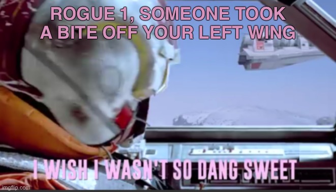 I wish I wasn't so dang sweet | ROGUE 1, SOMEONE TOOK A BITE OFF YOUR LEFT WING | image tagged in i wish i wasn't so dang sweet | made w/ Imgflip meme maker