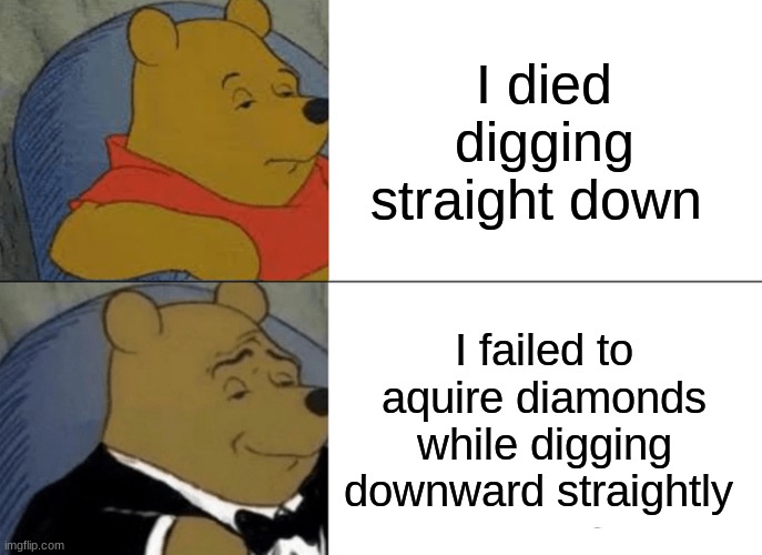 Tuxedo Winnie The Pooh | I died digging straight down; I failed to aquire diamonds while digging downward straightly | image tagged in memes,tuxedo winnie the pooh | made w/ Imgflip meme maker