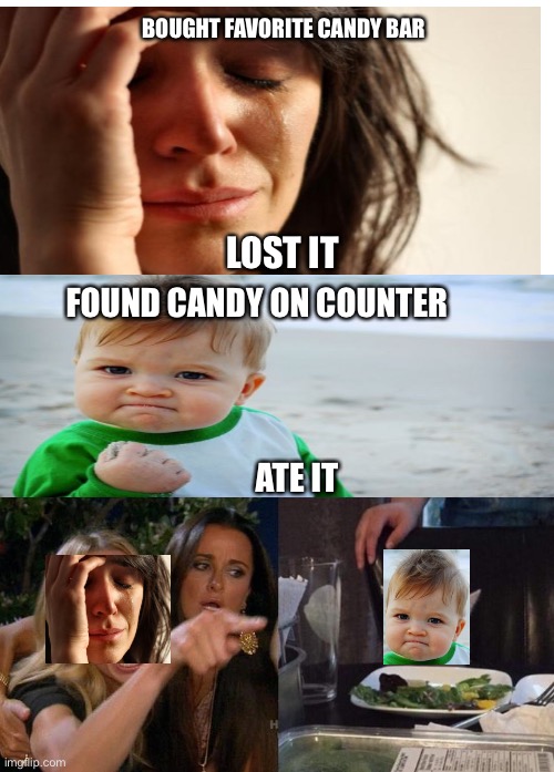 Yes, she has an extra hand... | BOUGHT FAVORITE CANDY BAR; LOST IT; FOUND CANDY ON COUNTER; ATE IT | image tagged in blank white template,memes,woman yelling at cat | made w/ Imgflip meme maker