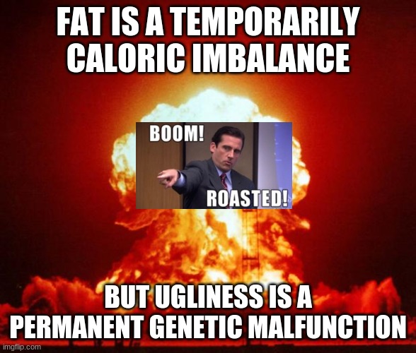 Michael Scott:) | FAT IS A TEMPORARILY CALORIC IMBALANCE; BUT UGLINESS IS A PERMANENT GENETIC MALFUNCTION | image tagged in nuke | made w/ Imgflip meme maker