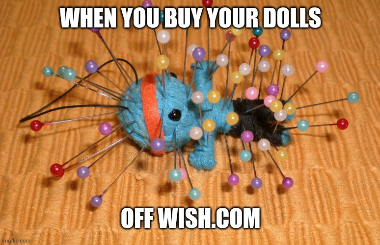 voodoo doll | WHEN YOU BUY YOUR DOLLS OFF WISH.COM | image tagged in voodoo doll | made w/ Imgflip meme maker