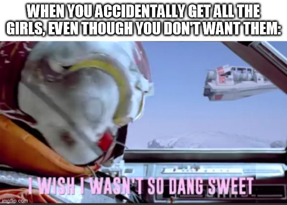 I wish I wasn't so dang sweet | WHEN YOU ACCIDENTALLY GET ALL THE GIRLS, EVEN THOUGH YOU DON'T WANT THEM: | image tagged in i wish i wasn't so dang sweet | made w/ Imgflip meme maker