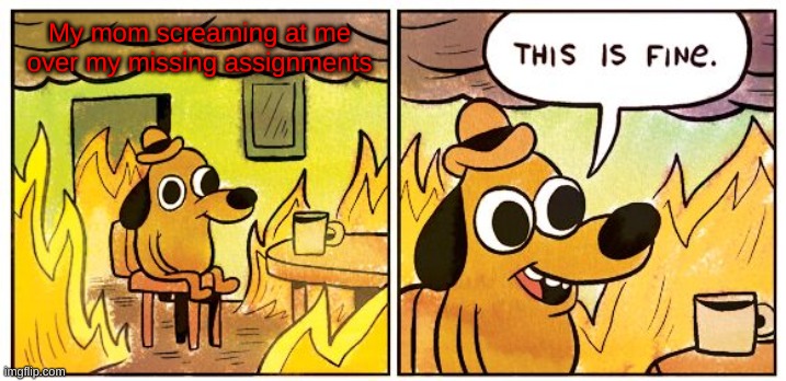 This Is Fine Meme | My mom screaming at me over my missing assignments | image tagged in memes,this is fine | made w/ Imgflip meme maker