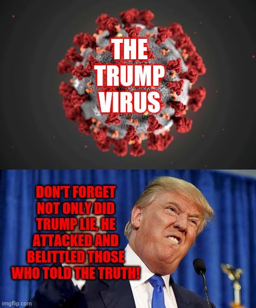 The Parasite In Chief | THE TRUMP VIRUS; DON'T FORGET NOT ONLY DID TRUMP LIE, HE ATTACKED AND BELITTLED THOSE WHO TOLD THE TRUTH! | image tagged in covid-19,memes,trump unfit unqualified dangerous,liar in chief,lock him up,trump virus | made w/ Imgflip meme maker