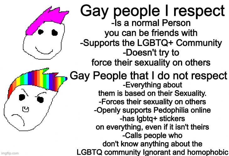 I'm all for supporting Gay rights, but there's a step where it's gotten too far | Gay people I respect; -Everything about them is based on their Sexuality.
-Forces their sexuality on others
-Openly supports Pedophilia online
-has lgbtq+ stickers on everything, even if it isn't theirs
-Calls people who don't know anything about the LGBTQ community Ignorant and homophobic; -Is a normal Person you can be friends with
-Supports the LGBTQ+ Community
-Doesn't try to force their sexuality on others; Gay People that I do not respect | image tagged in lgbtq,gay person i respect,gay person i do not respect | made w/ Imgflip meme maker