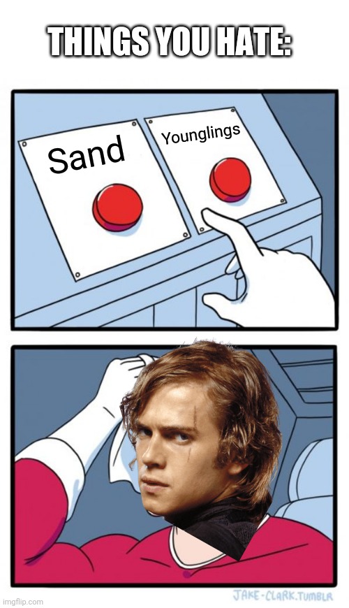 Why not both? | THINGS YOU HATE:; Younglings; Sand | image tagged in memes,two buttons,star wars prequels,star wars,anakin skywalker,sand | made w/ Imgflip meme maker