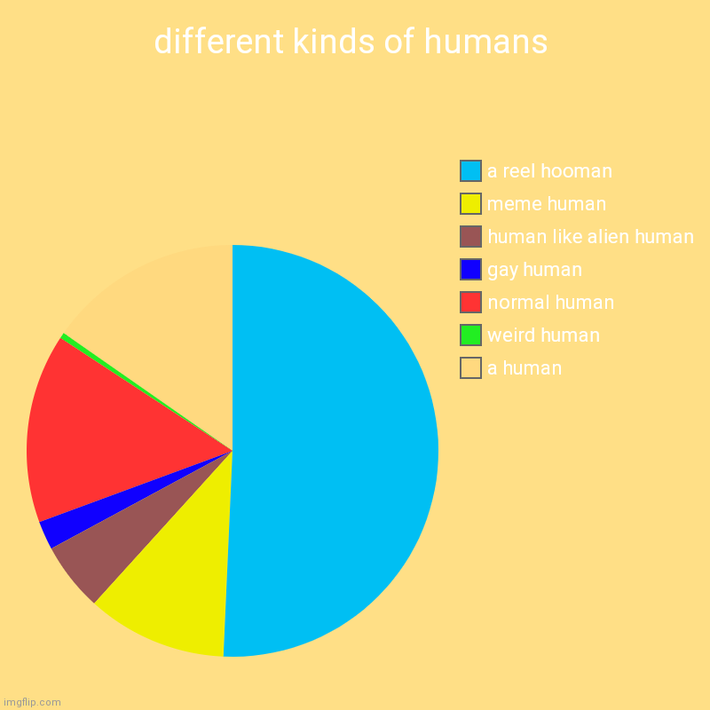 different kinds of human s | different kinds of humans | a human, weird human, normal human, gay human, human like alien human, meme human, a reel hooman | image tagged in charts,pie charts | made w/ Imgflip chart maker