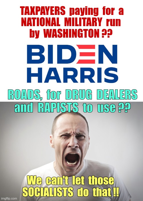 Socialism?? | TAXPAYERS  paying  for  a
NATIONAL  MILITARY  run
by  WASHINGTON ?? ROADS,  for  DRUG  DEALERS
and  RAPISTS  to  use ?? We  can't  let  those
SOCIALISTS  do  that !! | image tagged in angry man,socialists,progressives,washington,rick75230,joe biden | made w/ Imgflip meme maker