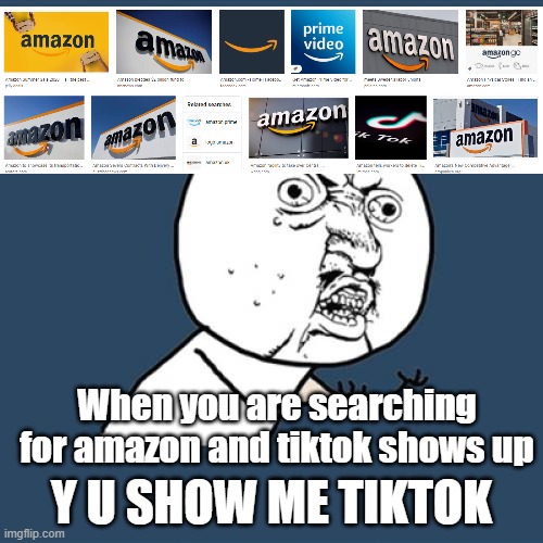Wow a title |  When you are searching for amazon and tiktok shows up; Y U SHOW ME TIKTOK | image tagged in memes,y u no | made w/ Imgflip meme maker