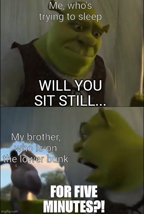 He just always moves | Me, who's trying to sleep; WILL YOU SIT STILL... My brother, who is on the lower bunk; FOR FIVE MINUTES?! | image tagged in shrek five minutes | made w/ Imgflip meme maker