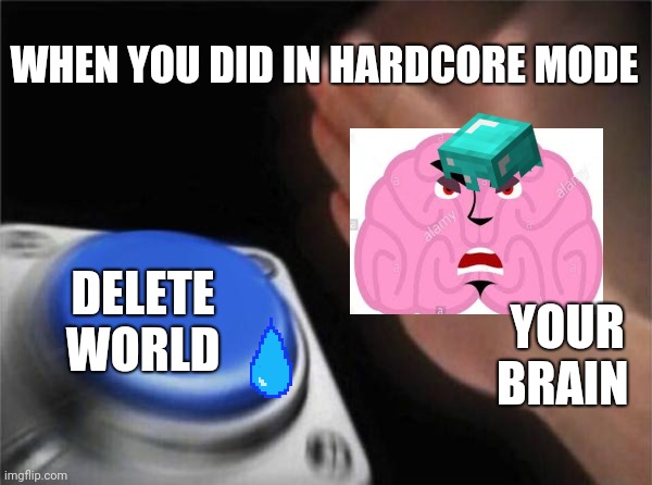 Hard oof is hardcore | WHEN YOU DID IN HARDCORE MODE; DELETE WORLD; YOUR BRAIN | image tagged in memes,blank nut button | made w/ Imgflip meme maker