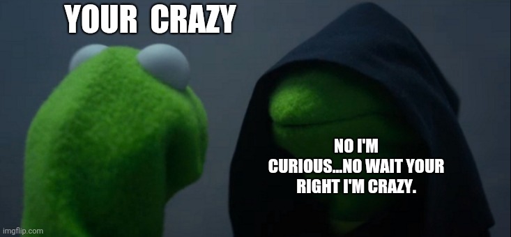 Why tho | YOUR  CRAZY; NO I'M CURIOUS...NO WAIT YOUR RIGHT I'M CRAZY. | image tagged in memes,evil kermit | made w/ Imgflip meme maker