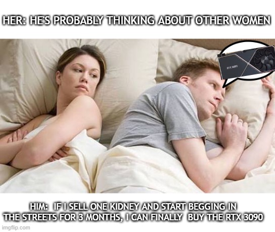 My pc so old it needs stamps to email | HER: HE'S PROBABLY THINKING ABOUT OTHER WOMEN; HIM:  IF I SELL ONE KIDNEY AND START BEGGING IN THE STREETS FOR 3 MONTHS, I CAN FINALLY  BUY THE RTX 3090 | image tagged in he s probably thinking about other women,memes,dank memes | made w/ Imgflip meme maker