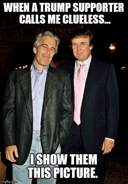 Trump followers | WHEN A TRUMP SUPPORTER  CALLS ME CLUELESS... I SHOW THEM THIS PICTURE. | image tagged in trump,anti trump,jeffrey epstein,political | made w/ Imgflip meme maker