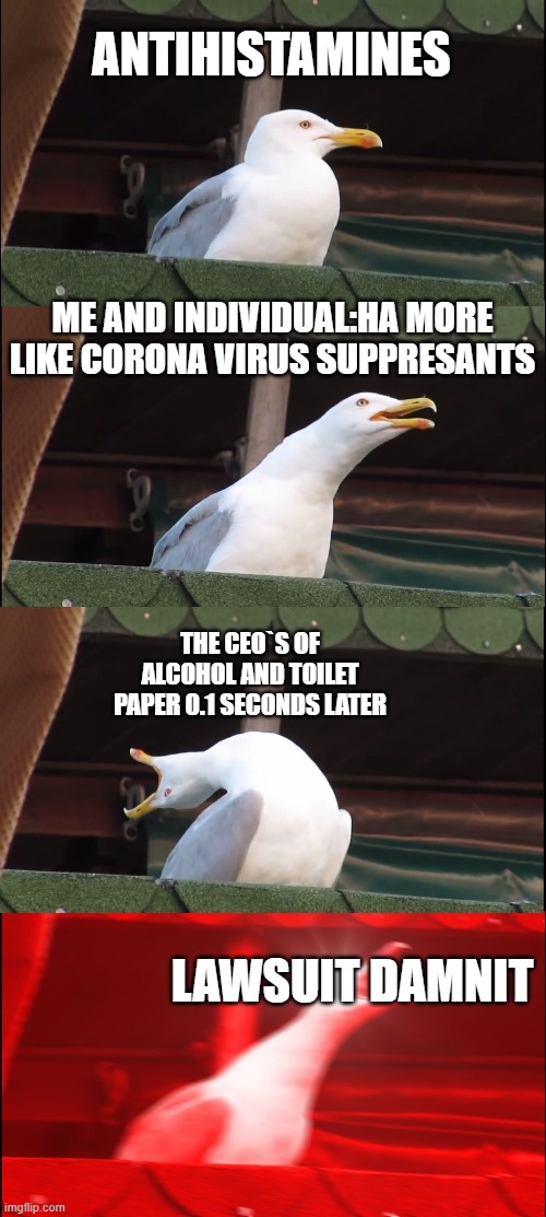 Memes that are wanted by the government | ANTIHISTAMINES; ME AND INDIVIDUAL:HA MORE LIKE CORONA VIRUS SUPPRESANTS; THE CEO`S OF ALCOHOL AND TOILET PAPER 0.1 SECONDS LATER; LAWSUIT DAMNIT | image tagged in memes,inhaling seagull | made w/ Imgflip meme maker