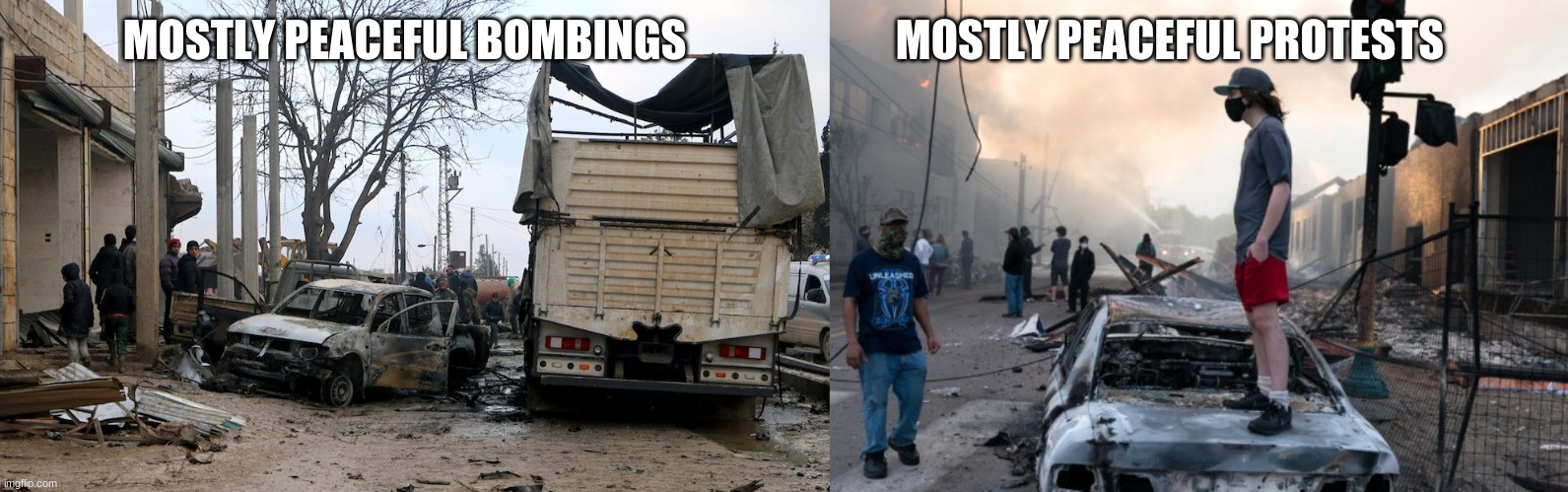 protest | MOSTLY PEACEFUL PROTESTS; MOSTLY PEACEFUL BOMBINGS | image tagged in riots | made w/ Imgflip meme maker