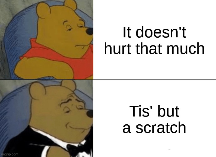 Tis' but a meme | It doesn't hurt that much; Tis' but a scratch | image tagged in memes,tuxedo winnie the pooh | made w/ Imgflip meme maker