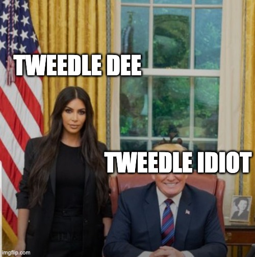 Tweedle Dumb | TWEEDLE DEE; TWEEDLE IDIOT | image tagged in kim kardashian and donald trump | made w/ Imgflip meme maker