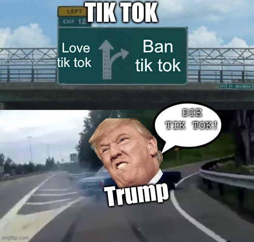 Left Exit 12 Off Ramp Meme | TIK TOK; Love tik tok; Ban tik tok; DIE TIK TOK! Trump | image tagged in memes,left exit 12 off ramp,donald trump,tik tok | made w/ Imgflip meme maker