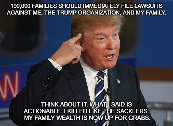 DJT Provides Audio Testimony in His Own Civil Trial. Loses Everything. | 190,000 FAMILIES SHOULD IMMEDIATELY FILE LAWSUITS AGAINST ME, THE TRUMP ORGANIZATION, AND MY FAMILY. THINK ABOUT IT. WHAT I SAID IS ACTIONABLE. I KILLED LIKE THE SACKLERS.  MY FAMILY WEALTH IS NOW UP FOR GRABS. | image tagged in donald trump pointing to his head | made w/ Imgflip meme maker