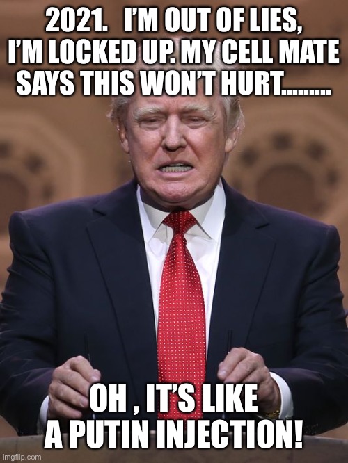 Donald Trump | 2021.   I’M OUT OF LIES, I’M LOCKED UP. MY CELL MATE SAYS THIS WON’T HURT......... OH , IT’S LIKE A PUTIN INJECTION! | image tagged in donald trump | made w/ Imgflip meme maker