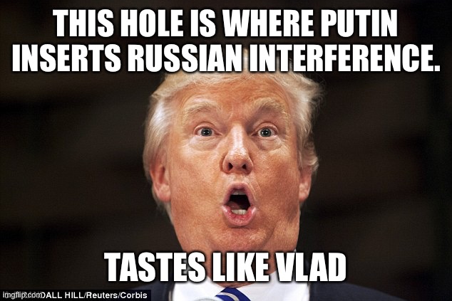 Trump stupid face | THIS HOLE IS WHERE PUTIN INSERTS RUSSIAN INTERFERENCE. TASTES LIKE VLAD | image tagged in trump stupid face | made w/ Imgflip meme maker