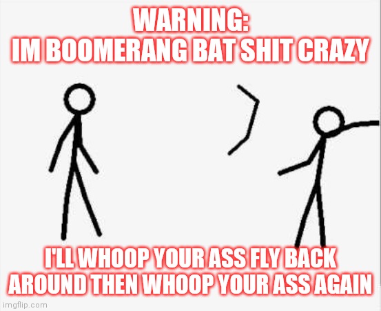 Whoop your... | WARNING:
IM BOOMERANG BAT SHIT CRAZY; I'LL WHOOP YOUR ASS FLY BACK AROUND THEN WHOOP YOUR ASS AGAIN | image tagged in funny,crazy | made w/ Imgflip meme maker