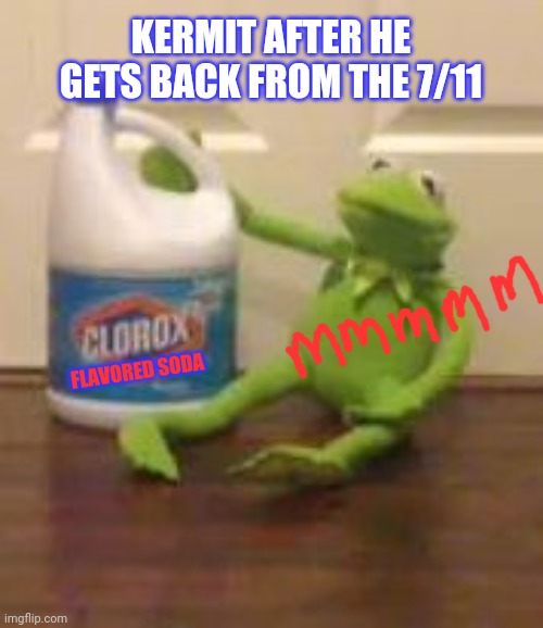 More free soda! | KERMIT AFTER HE GETS BACK FROM THE 7/11 FLAVORED SODA | image tagged in kermit bleach,free stuff,soda | made w/ Imgflip meme maker