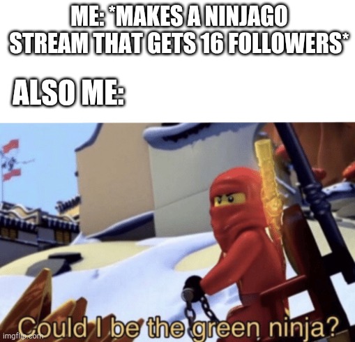 We have 16 followers y'all! | ME: *MAKES A NINJAGO STREAM THAT GETS 16 FOLLOWERS*; ALSO ME: | image tagged in could i be the green ninja,ninjago,memes,funny,lego | made w/ Imgflip meme maker
